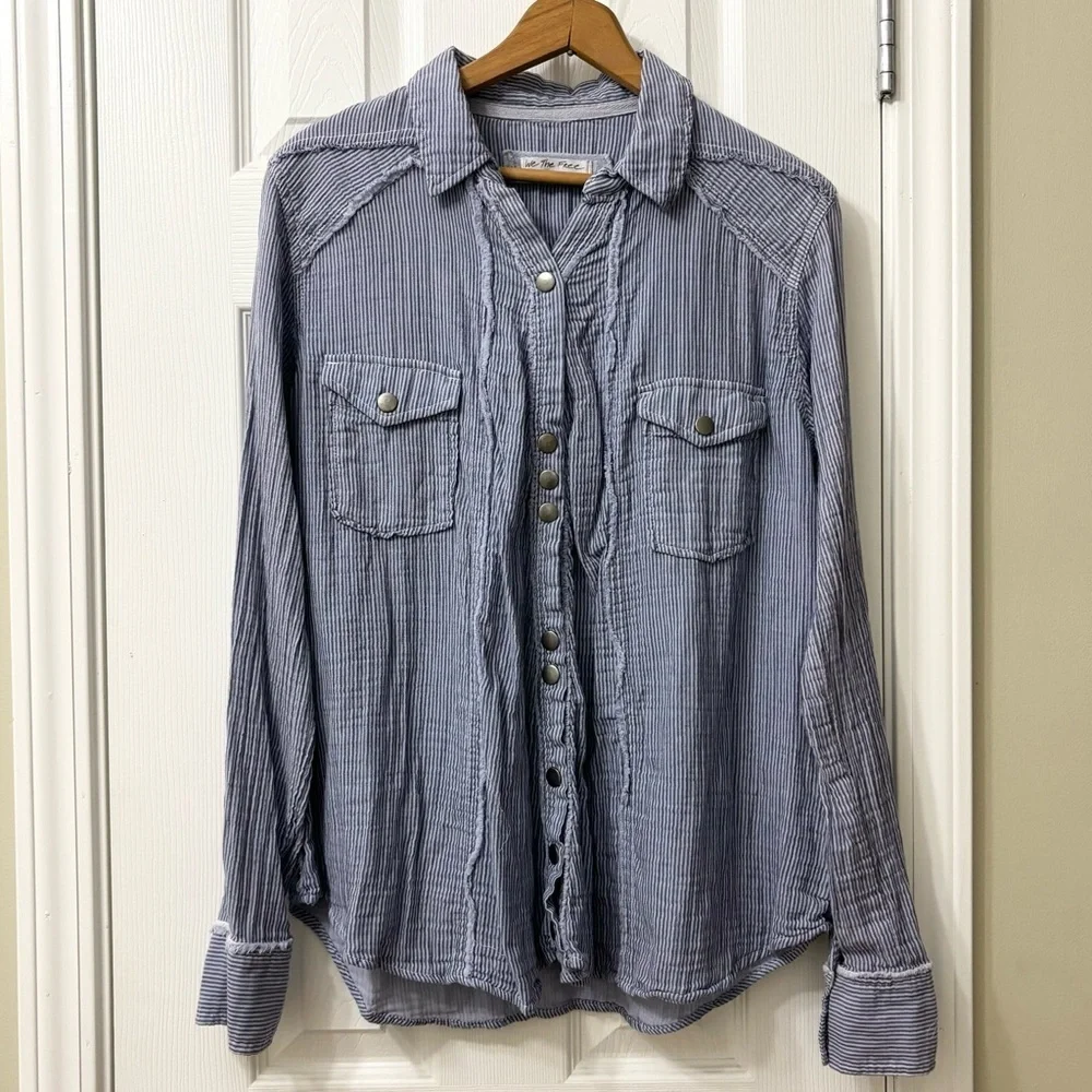 Free People We The Free Blue White Stripe Button Down Shirt Women’s Size Medium